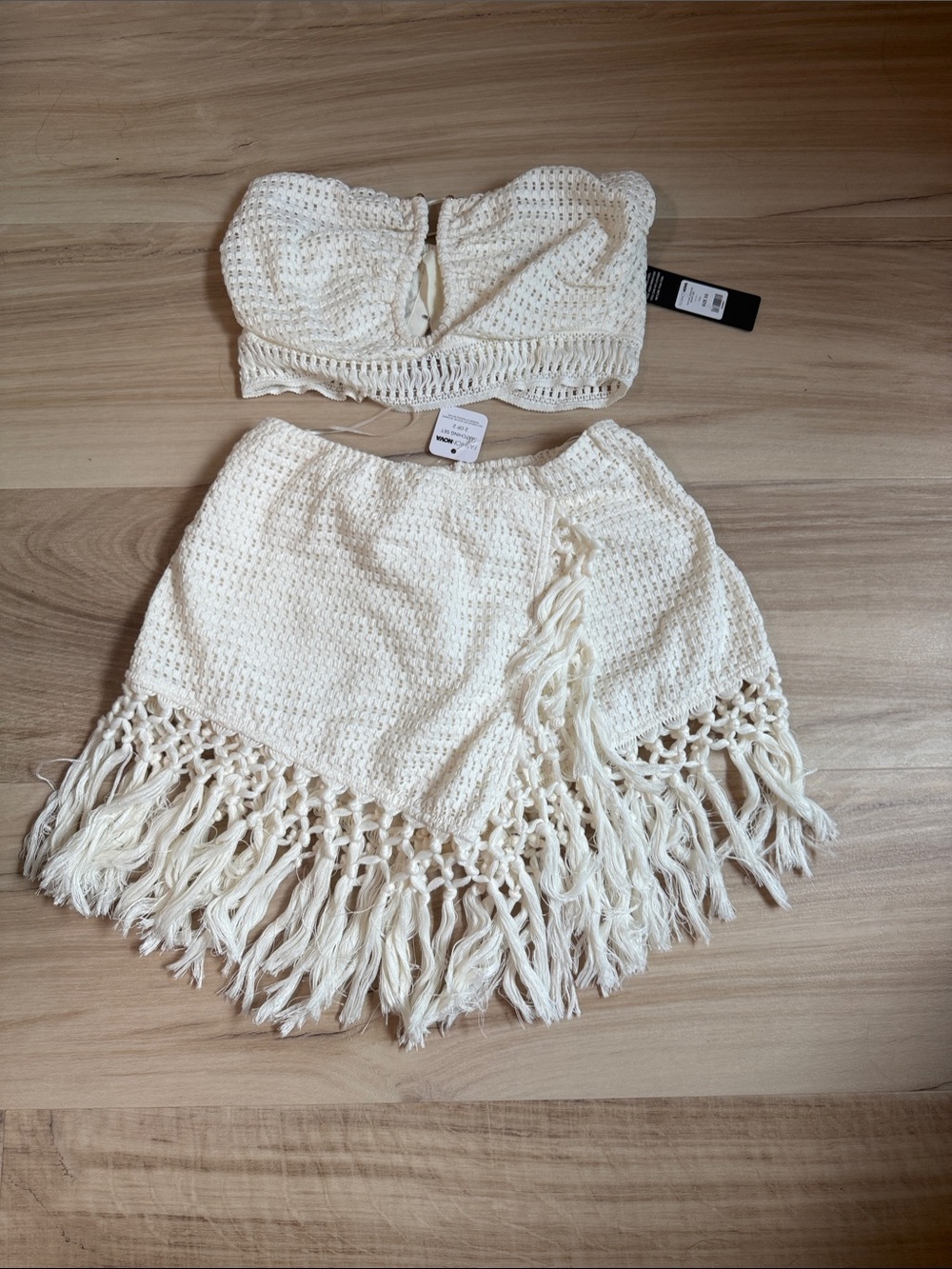 Fashion Nova Cream Crochet Two-Piece Set with Fringe